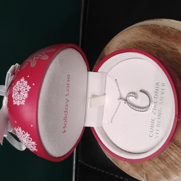 Holiday Lane Jewelry - Sterling Silver & Cubic Zirconia Initial C Pendant Necklace in Ornament Box NWT